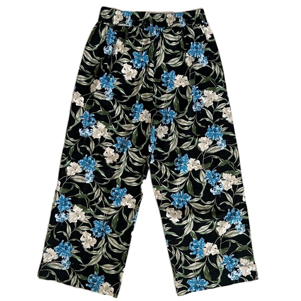 Kensie Floral Linen Blend Tie Front Crop Pants Women M Blue Blk Floral Tropical - Picture 2 of 10